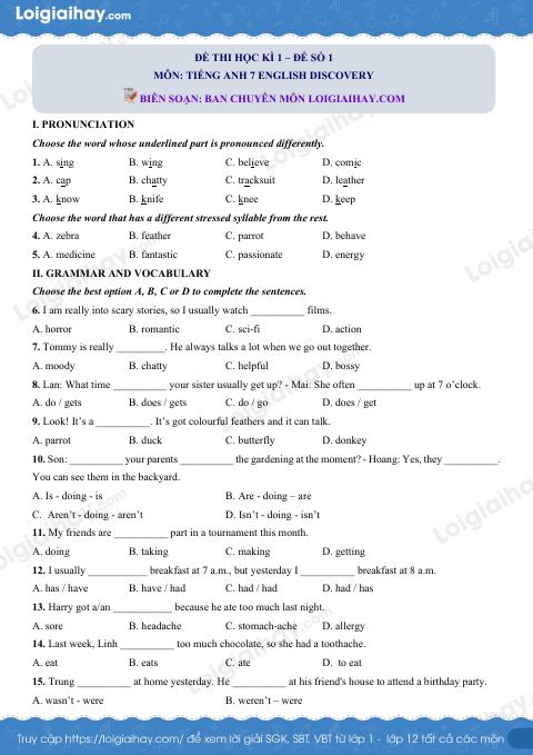 Đề thi học kì 1 Tiếng Anh 7 English Discovery - Đề số 1
